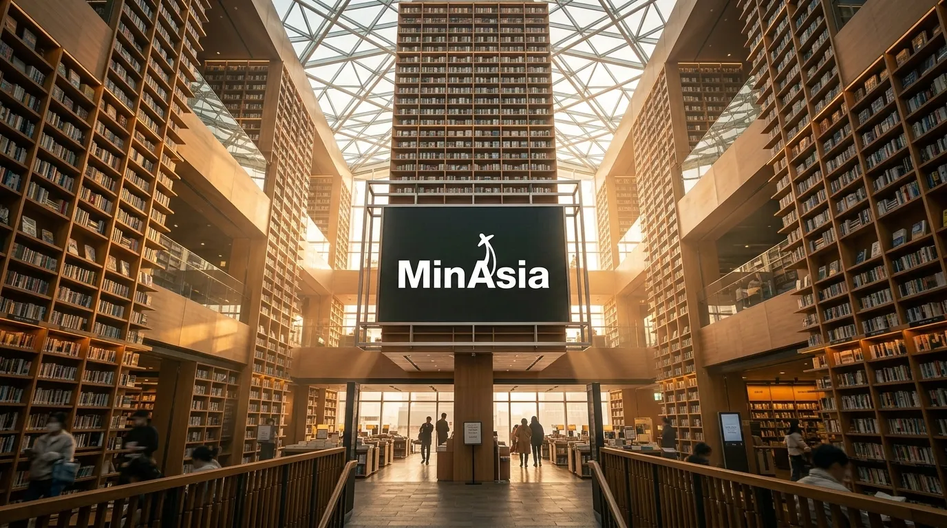 Biblioteca imensa com prateleiras gigantes de madeira no distrito de Gangnam