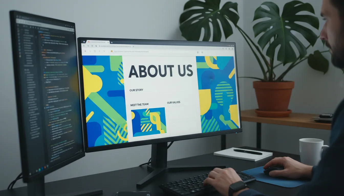 15 Exemplos de Páginas “Sobre” de Site Institucional que Geram Confiança 3 Designer desenvolvendo página ‘Sobre’ envolvente e moderna em estação de trabalho profissional