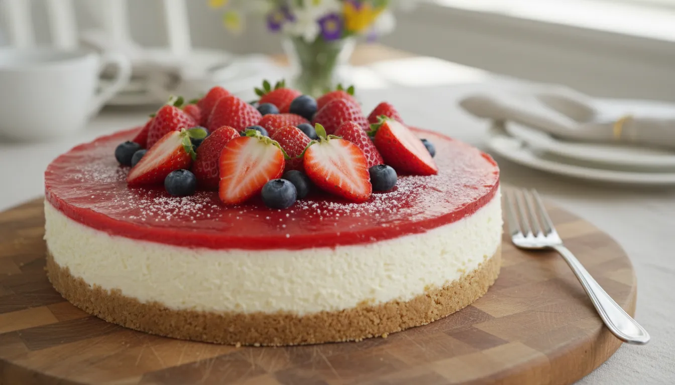 Cheesecake de frutas vermelhas vibrante, uma sobremesa dia das mães fresca e deliciosa, com morangos e mirtilos.