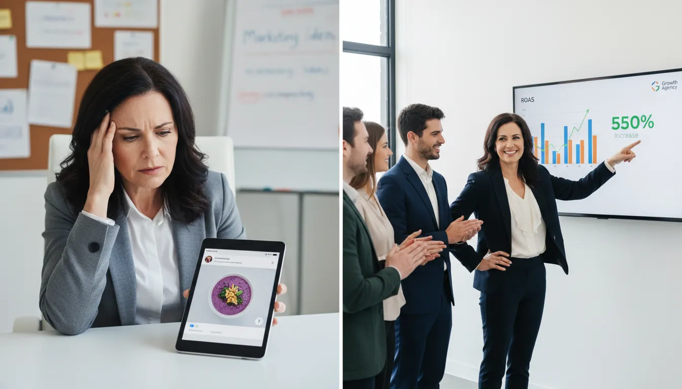 Comparativo do antes e depois de uma estratégia de marketing com foco em roas no marketing, demonstrando o impacto nos resultados.