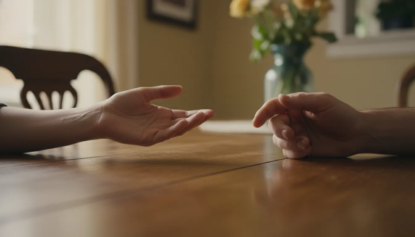 Mãos de um casal quase se tocando, mas sem contato, simbolizando o silêncio emocional e a distância afetiva.