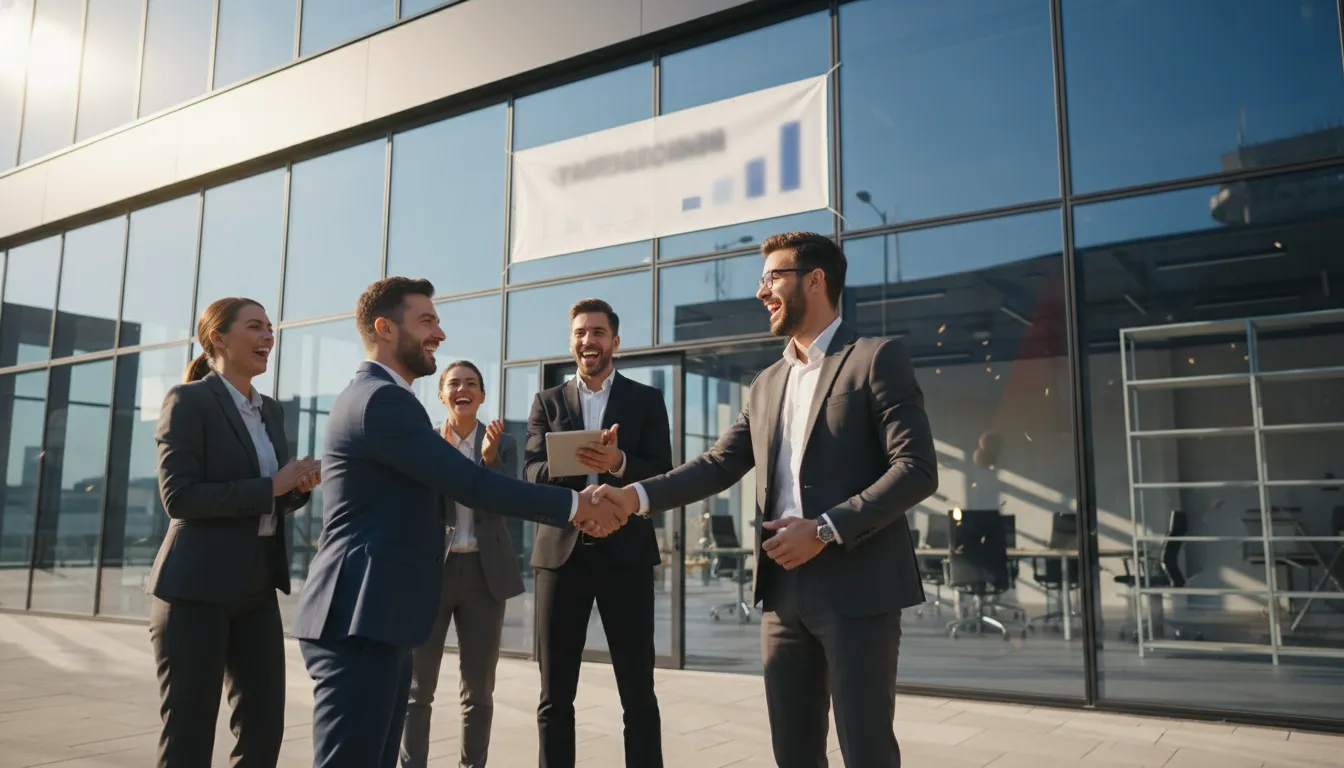 Sucesso empresarial com equipe celebrando a expansão, possível graças ao crédito com imóvel comercial garantia.