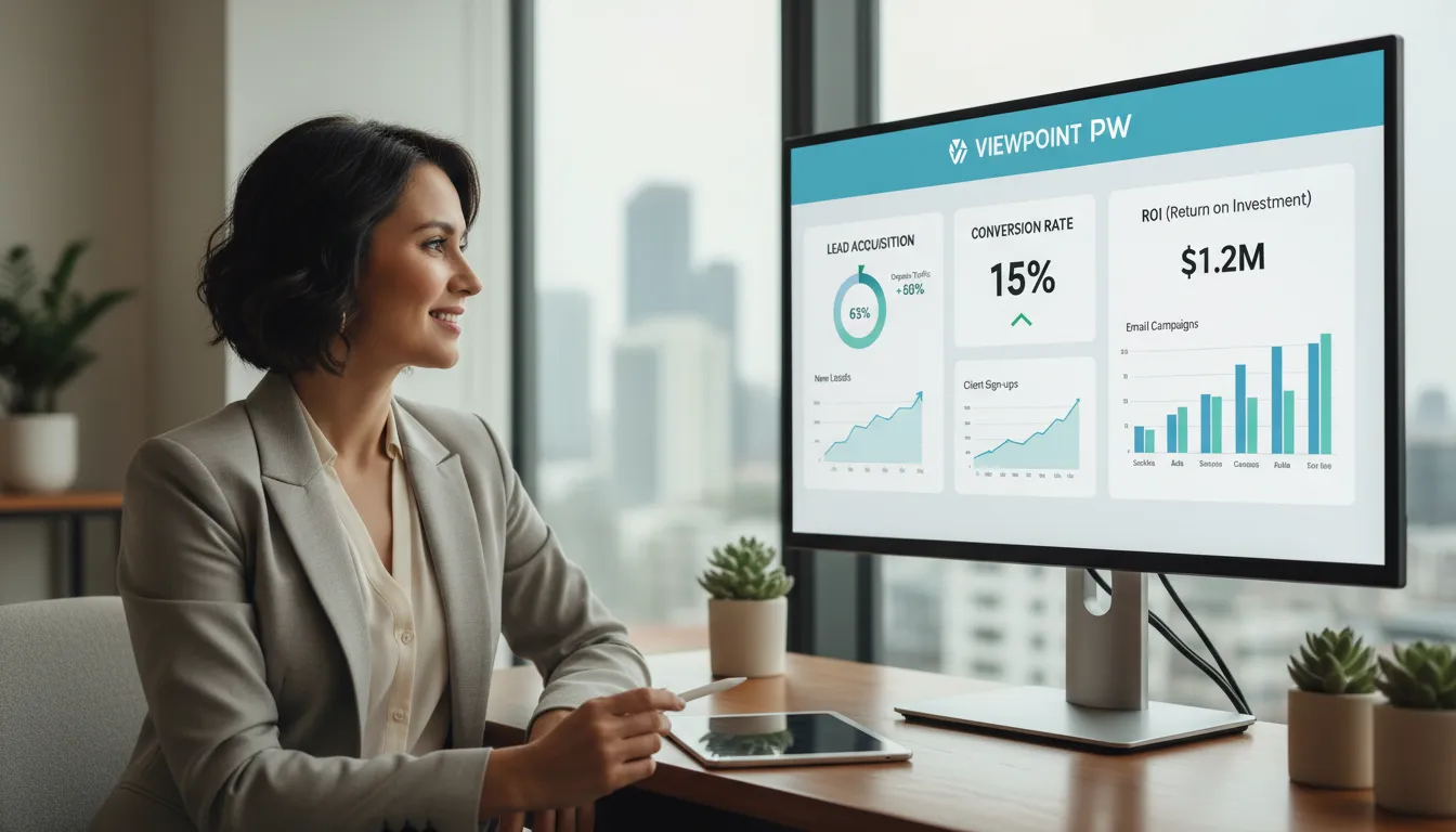 Empresária do setor de bem-estar analisa dados de desempenho para criar campanha de marketing orientada a resultados, utilizando painel da Viewpoint PW.