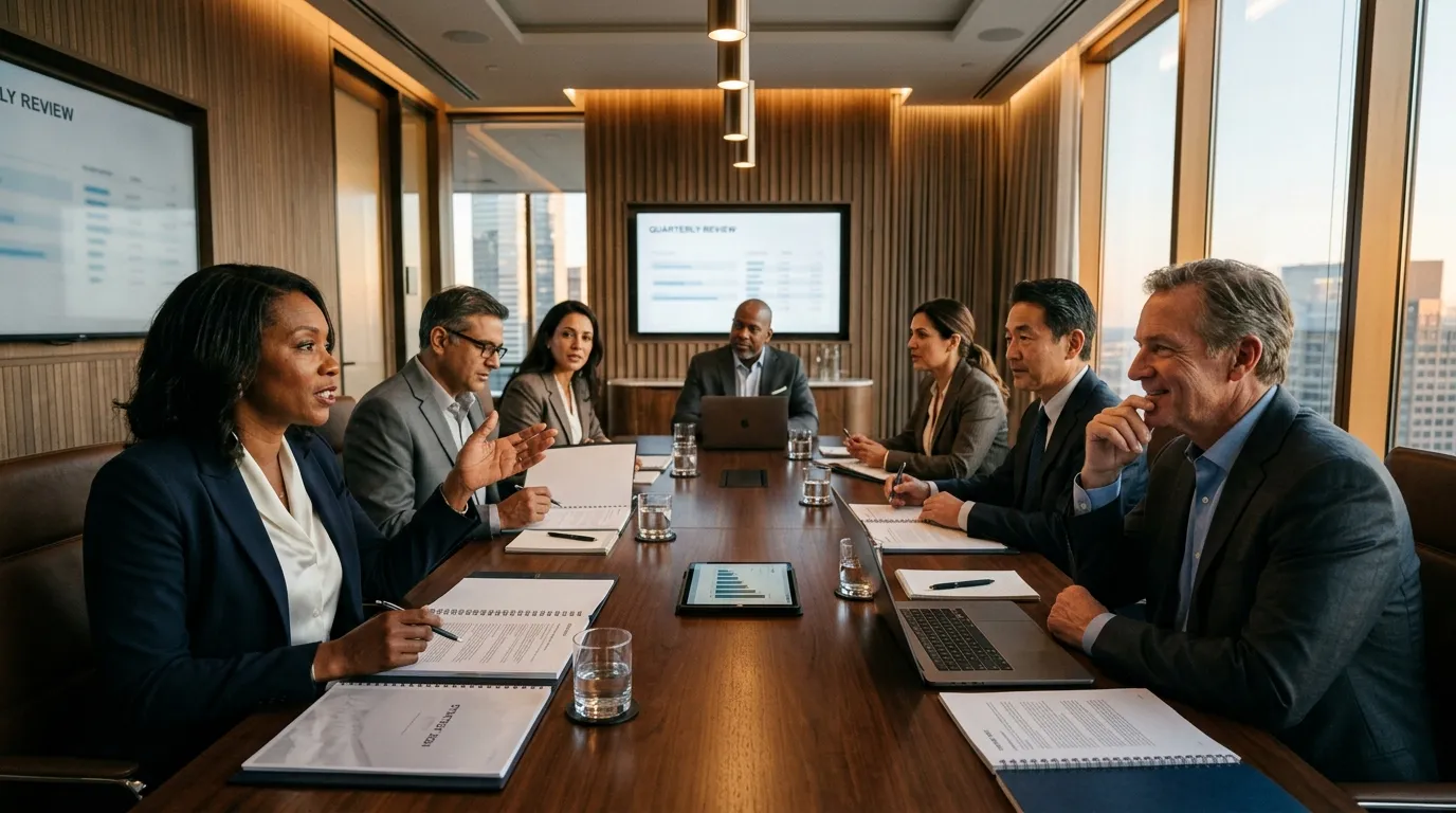 Conselheiros avaliando materiais para conselho de administração durante apresentação corporativa.