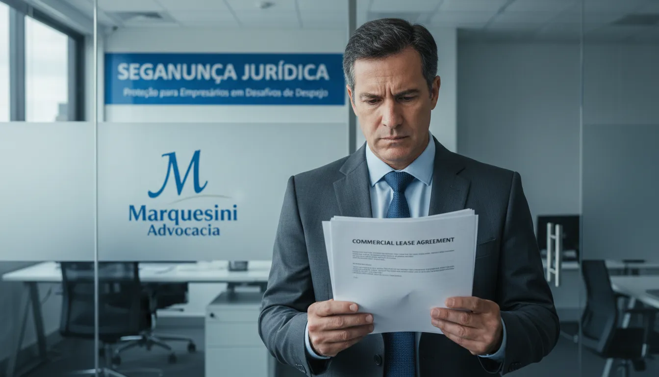 Empresário preocupado segurando documentos legais, simbolizando a complexidade da ação de despejo e a importância da segurança jurídica oferecida pela Marquesini Advocacia.