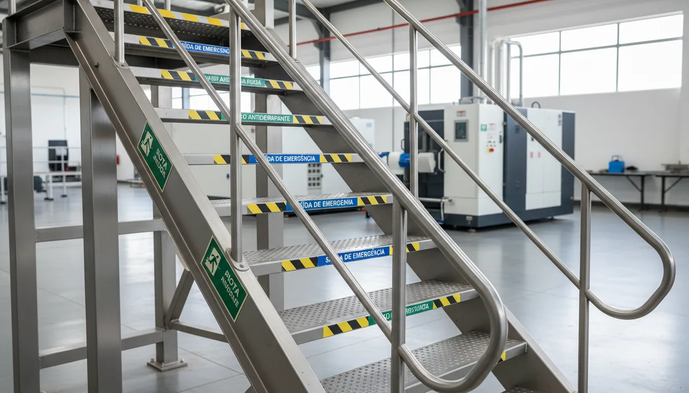 Escada metálica com corrimãos duplos e degraus antiderrapantes em área industrial moderna.