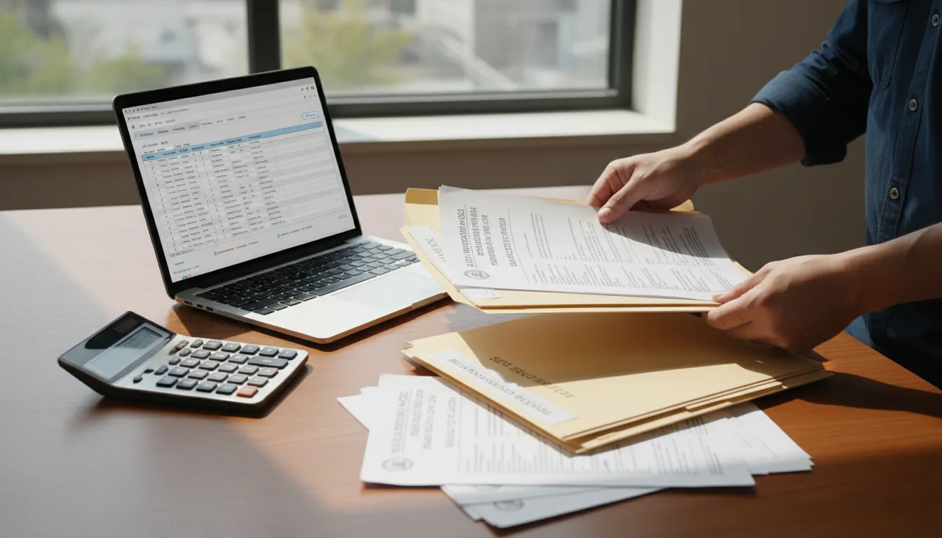 Mãos organizando pastas e papéis de veículo, calculadora ao lado em ambiente de escritório