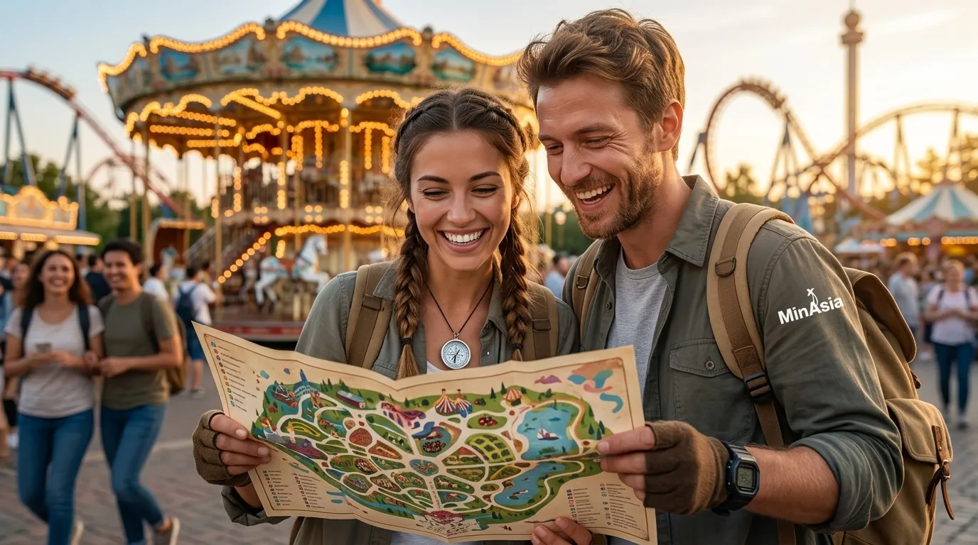 Visitantes planejam roteiro com mapa no complexo tokyo disney resort.