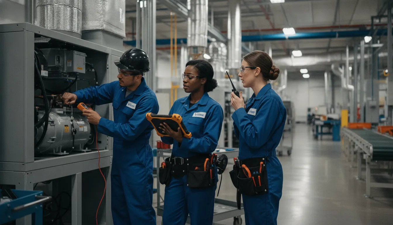 Equipe Veltter realiza manutenção em HVAC industrial, demonstrando a terceirização de manutenção industrial.