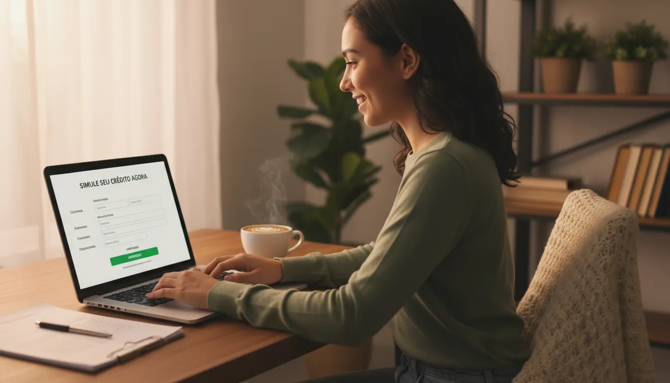 Pessoa fazendo simulação online de crédito com notebook e ambiente aconchegante