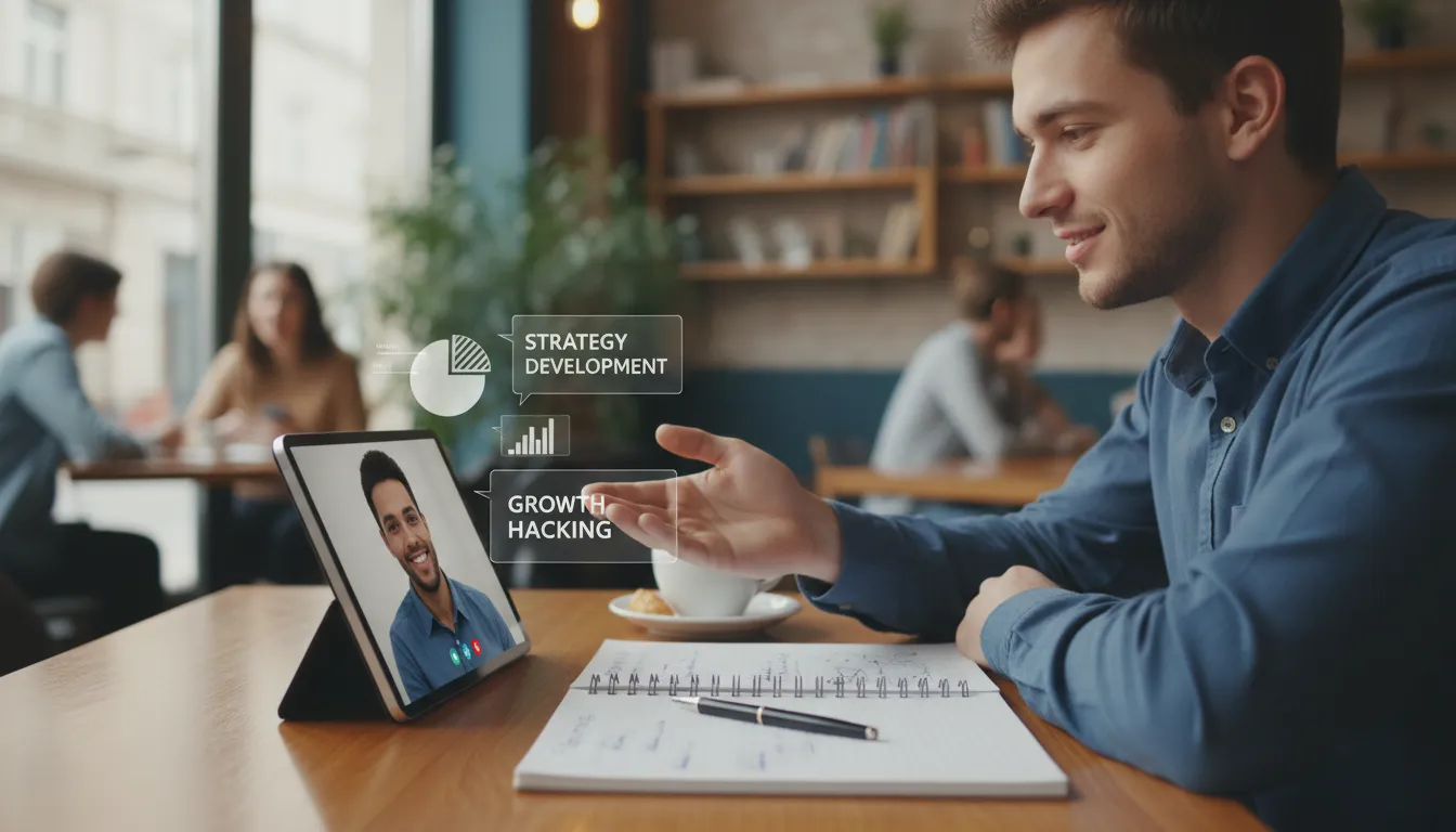 Pessoa oferecendo consultoria online em ambiente de café, transmitindo conhecimento digitalmente.