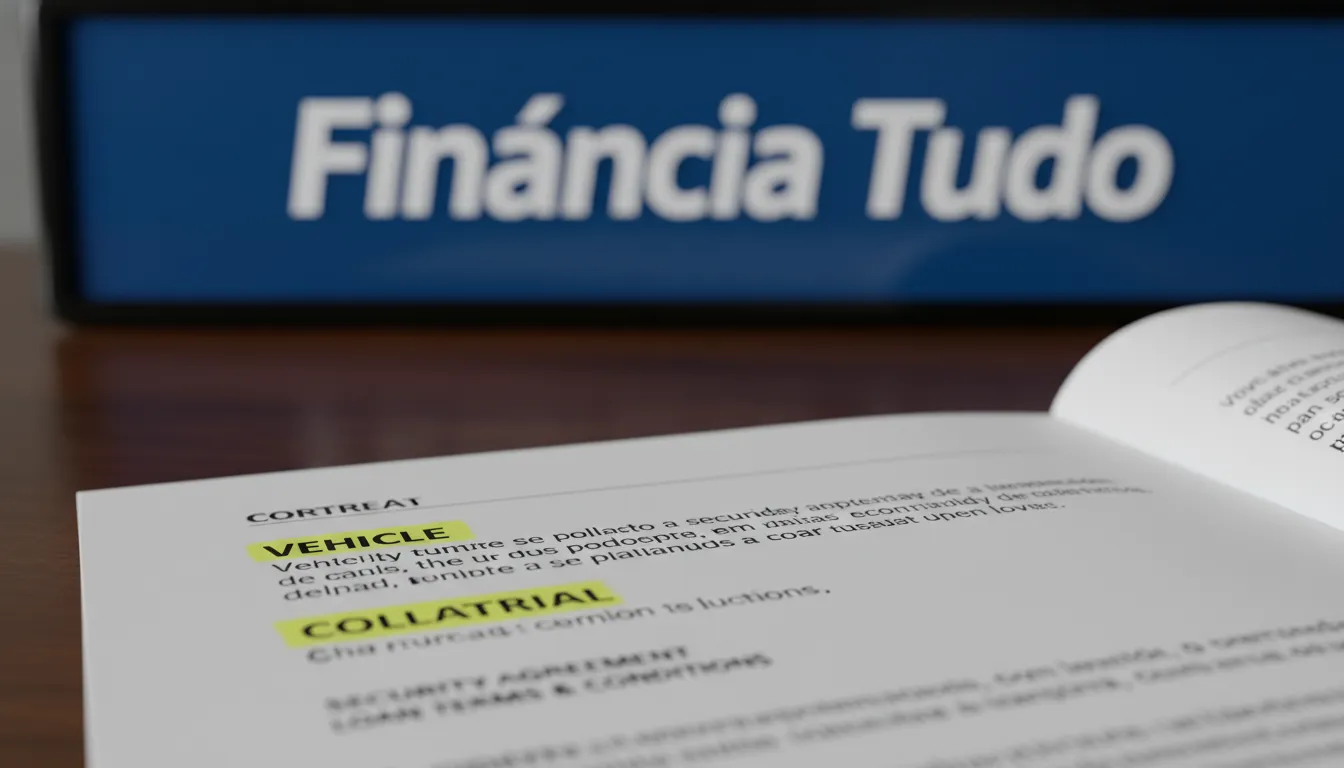Detalhe de um contrato com os termos 'veículo' e 'garantia' em destaque, simbolizando a segurança do veículo como garantia na Financia Tudo.