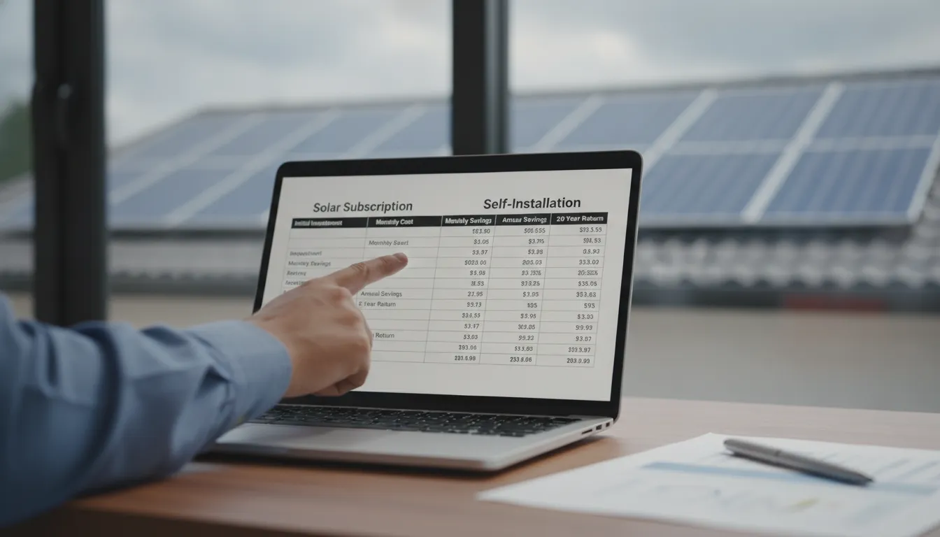 Mão aponta planilha comparando custos energia solar por assinatura versus instalação própria.