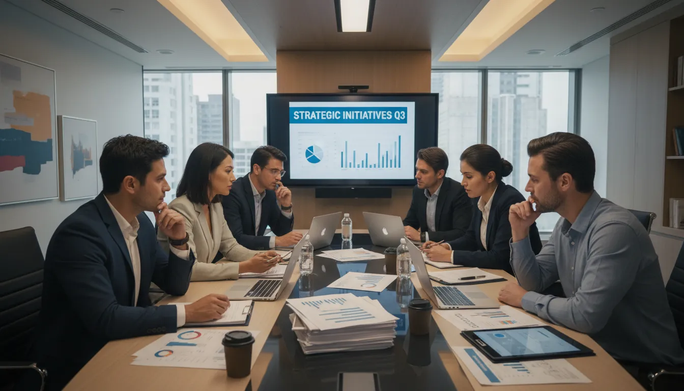 Equipe analisando relatórios e dados financeiros em ambiente corporativo, sugerindo tomada de decisão estratégica.