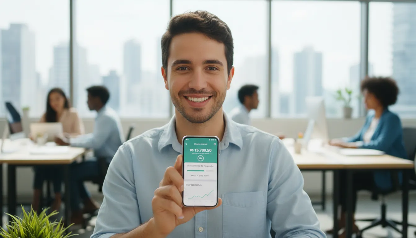 Profissional brasileiro usando aplicativo para planejar uso consciente do décimo terceiro salário