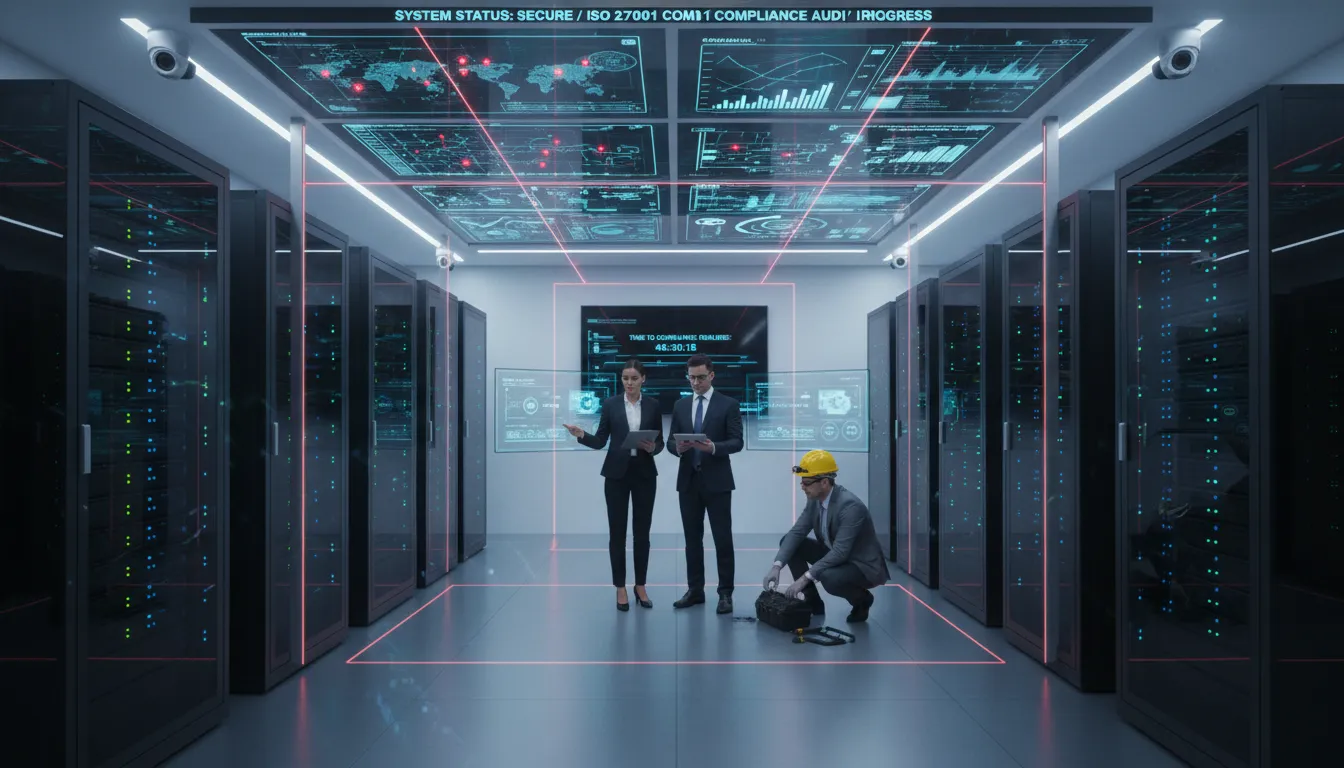 Sala de servidores modernos com auditoria de conformidade e medidas avançadas de segurança.