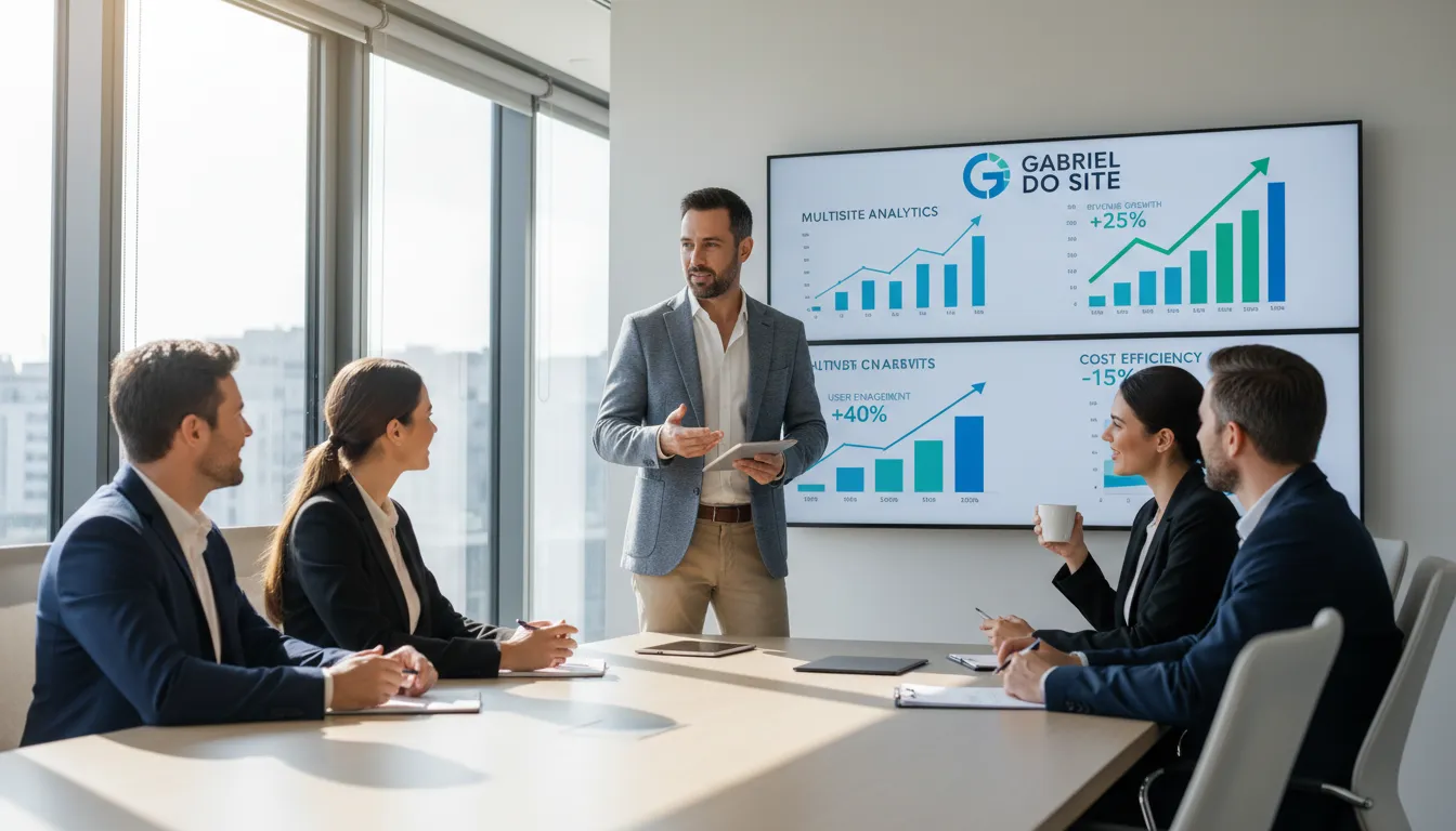 WordPress Multisite 2026: Quando e Como Usar 2 Consultor apresentando benefícios do Multisite a clientes empresariais, destacando resultados positivos.