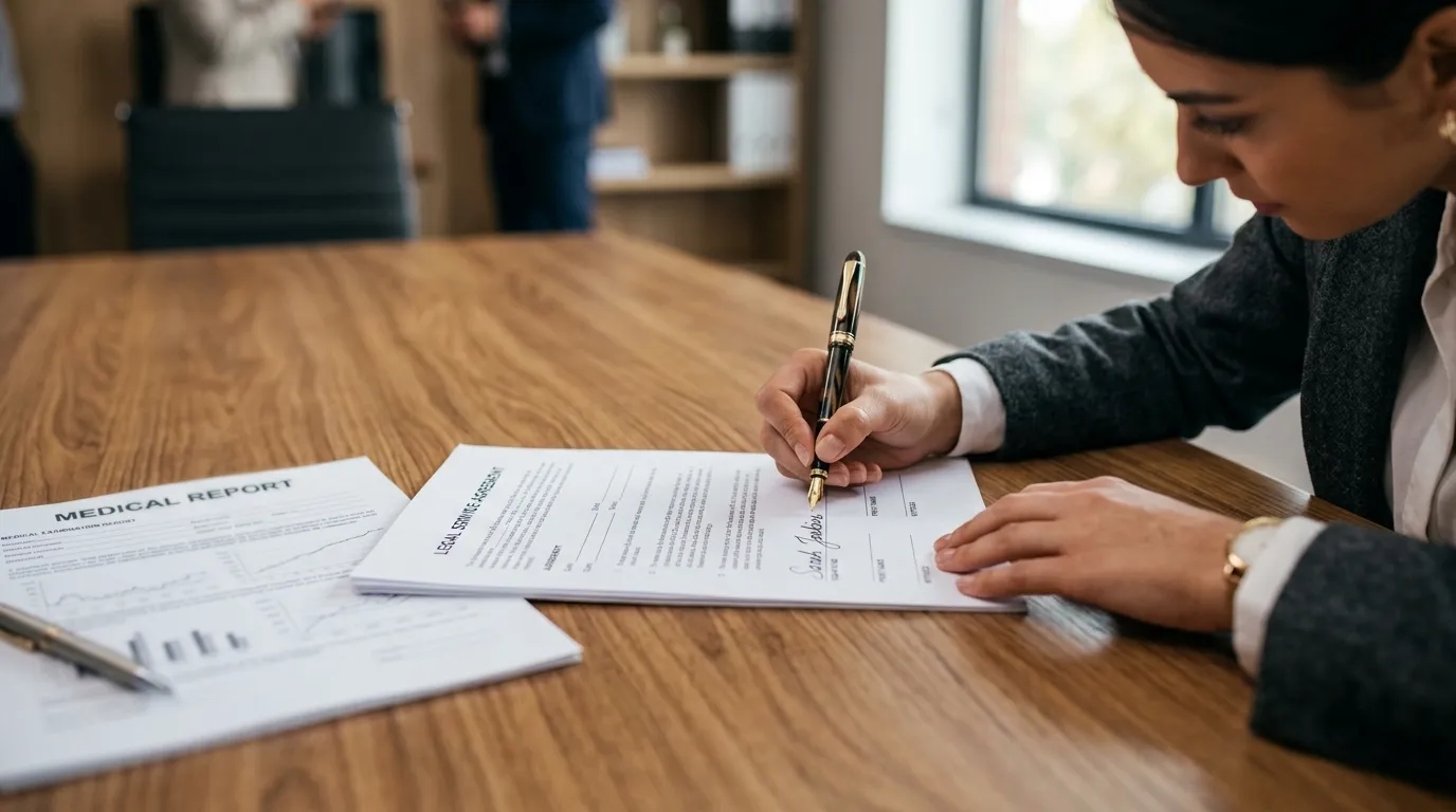 Cliente assinando contrato com advogado em Nova Trento: ação contra plano de saúde para liberação de tratamento.