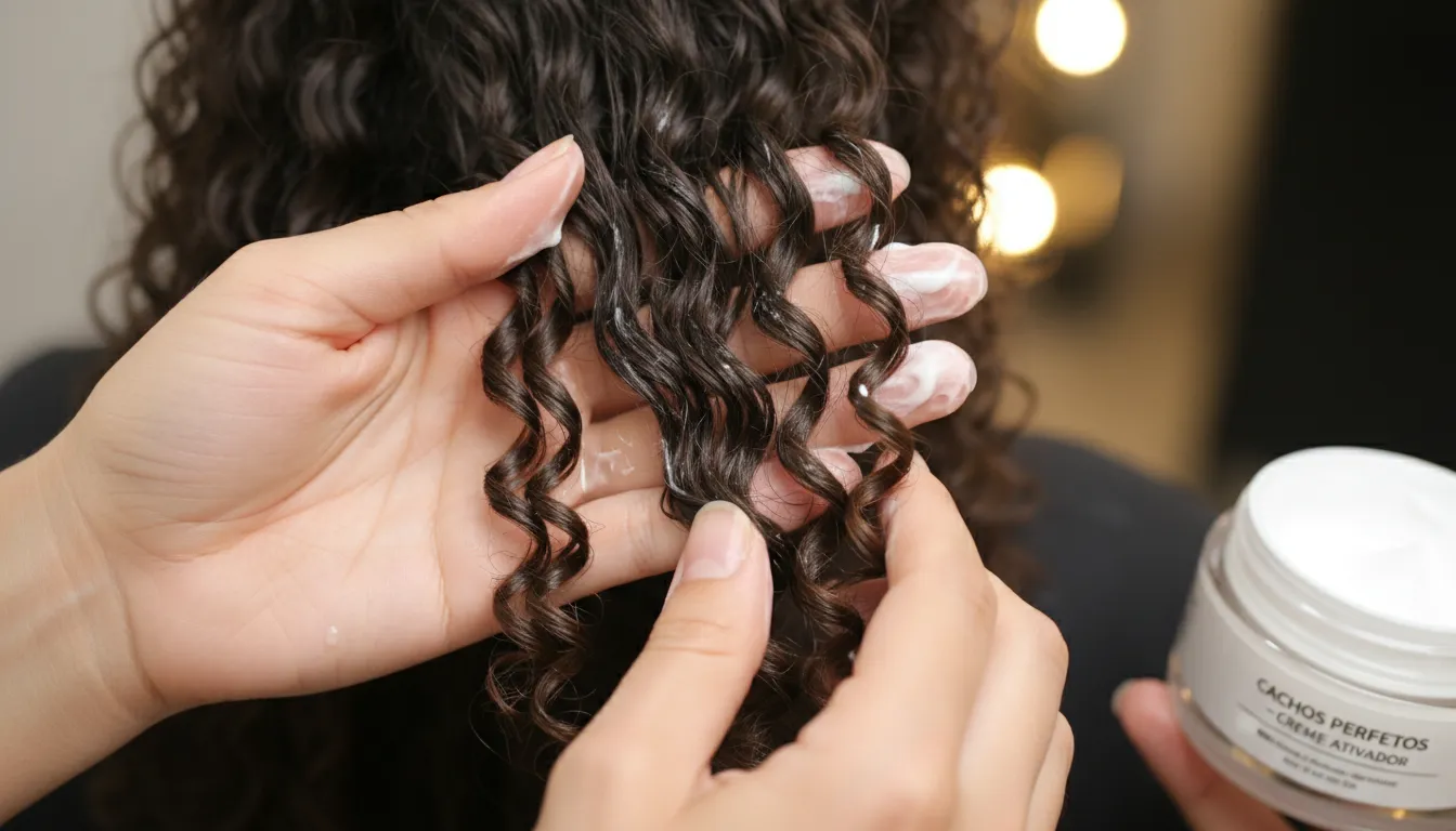 Aplicação de creme em cabelo cacheado utilizando a técnica de fitagem.
