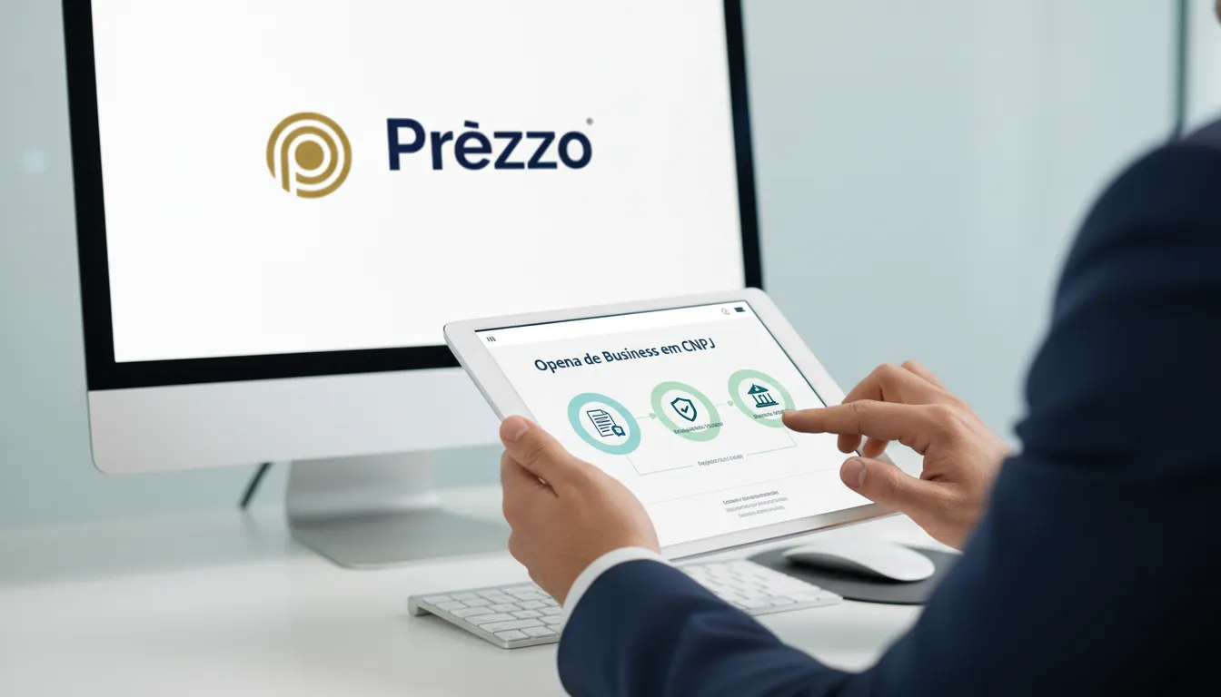 Interface digital em tablet exibindo guia passo a passo para abrir um CNPJ de forma simplificada e intuitiva.
