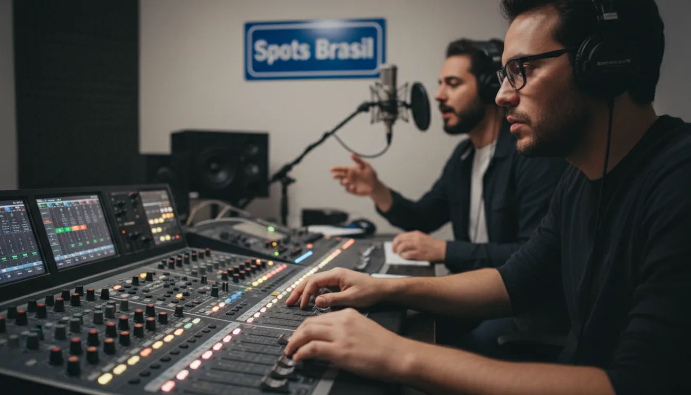 Técnico de som ajustando os níveis em estúdio durante a gravação de propaganda para carro de som da Spots Brasil.