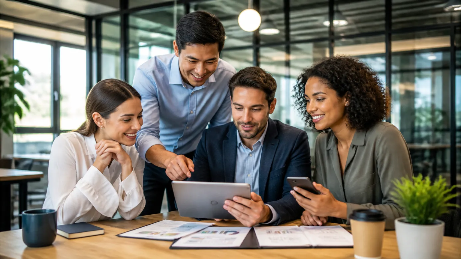 Equipe empresarial analisando resultados e processos comerciais via app mobile em reunião.