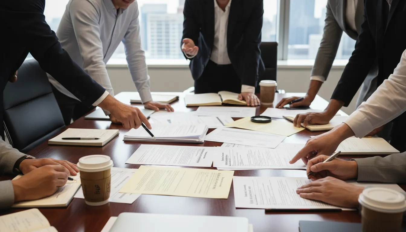 Mesa repleta de documentos empresariais dos EUA sendo analisados por empreendedores e consultores