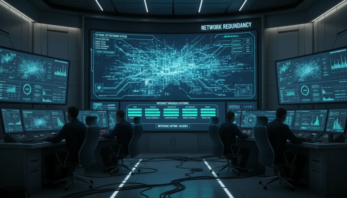 Centro de controle urbano monitora múltiplas linhas IoT e conexões redundantes para cidade inteligente.
