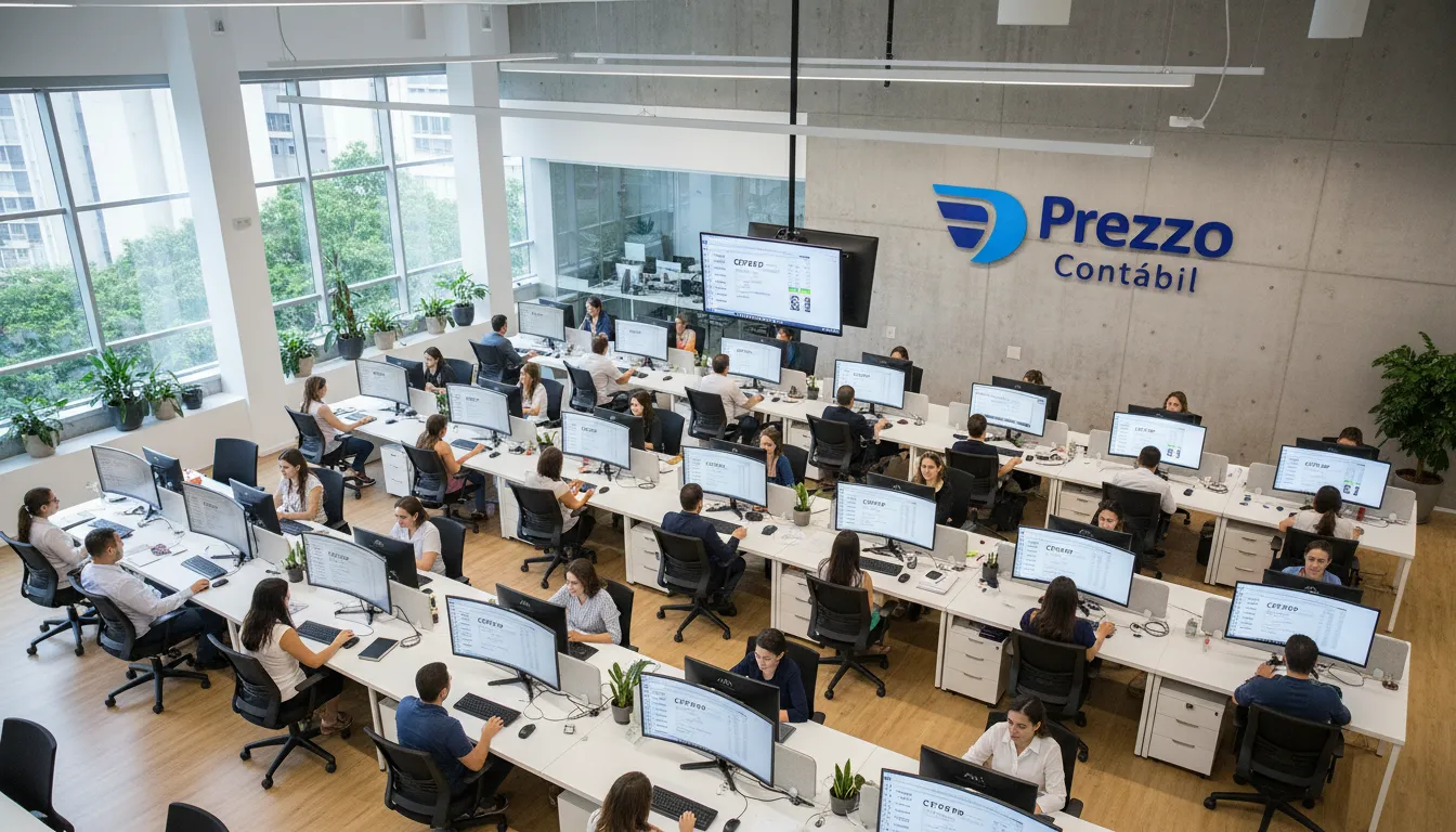 Vista aérea de um escritório moderno com funcionários trabalhando em faturas com o código CFOP 5102, representando a organização e eficiência da Prezzo Contábil na gestão fiscal.