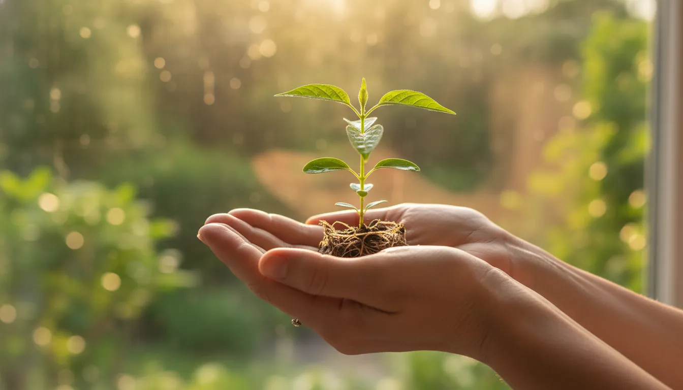 Mãos segurando planta verde, simbolizando crescimento pessoal e cuidado com a saúde mental.