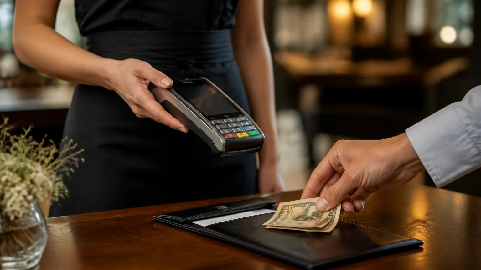 Pagamento de conta com gorjeta e aplicacao correta do tip credit nos EUA.