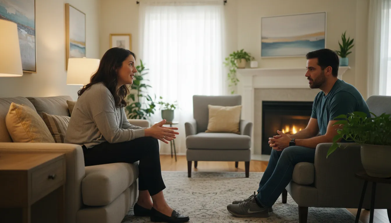 Terapeuta aplicando técnicas de PNL durante sessão, demonstrando empatia e auxiliando o paciente na busca por soluções positivas.