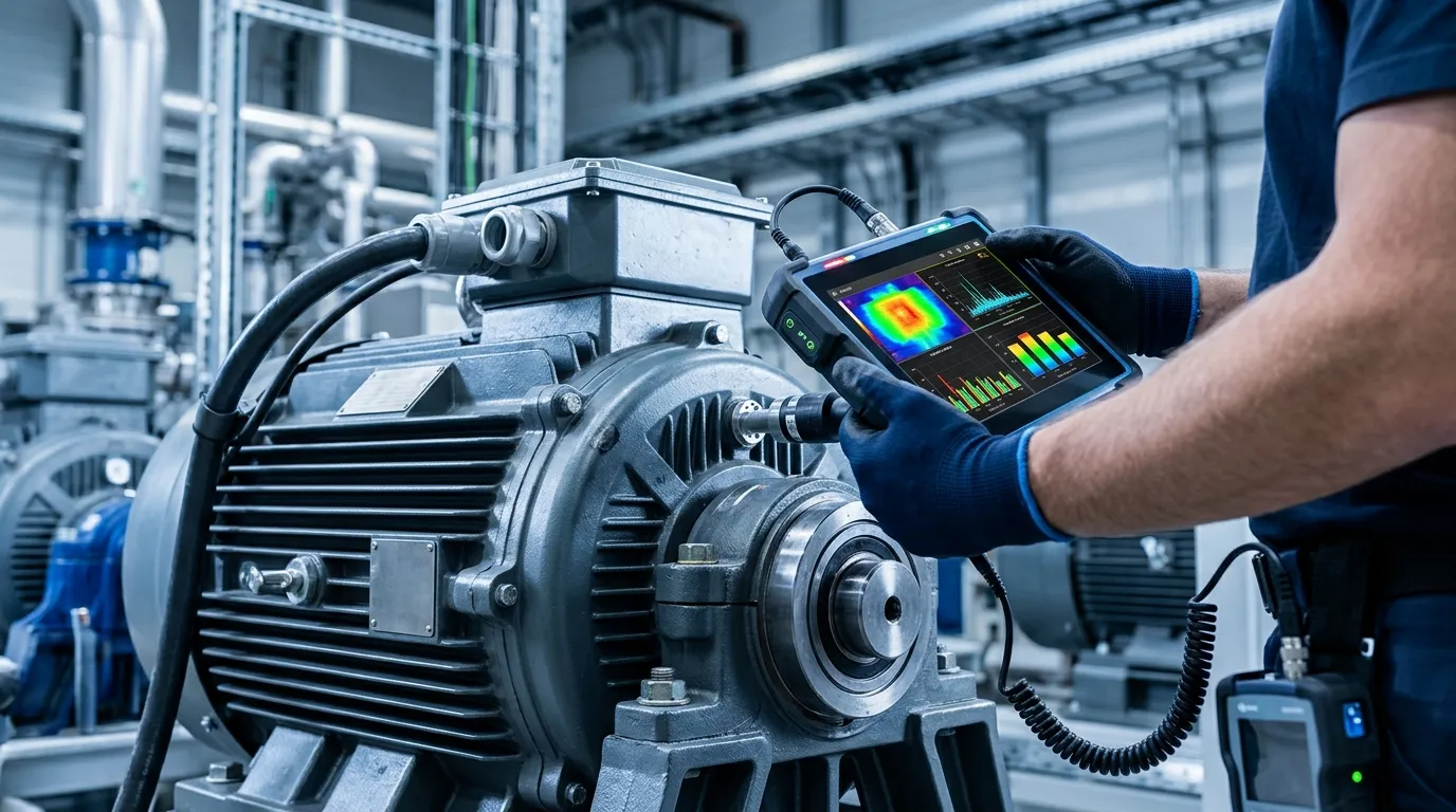 Técnico realizando diagnóstico preditivo para manutenção industrial em motor elétrico