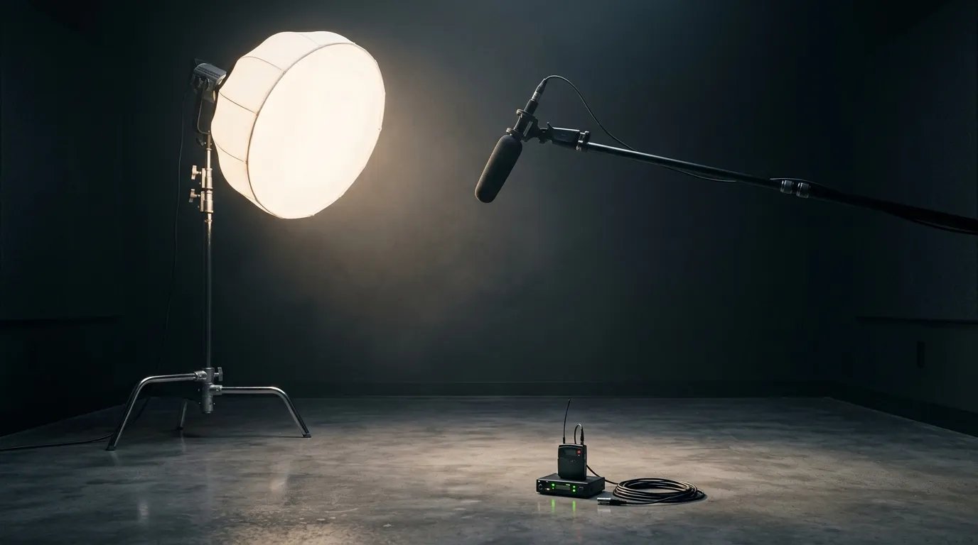 Iluminação e microfone profissional configurados para gravação e filmagem video estratégica.