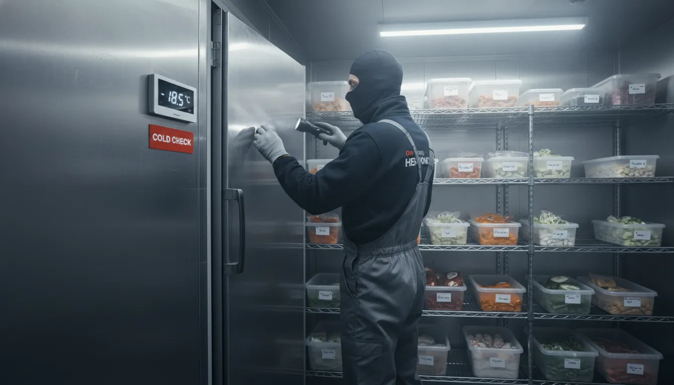 Técnico verifica vedação de câmara frigorífica, crucial para manutenção em refrigeração comercial e conservação.