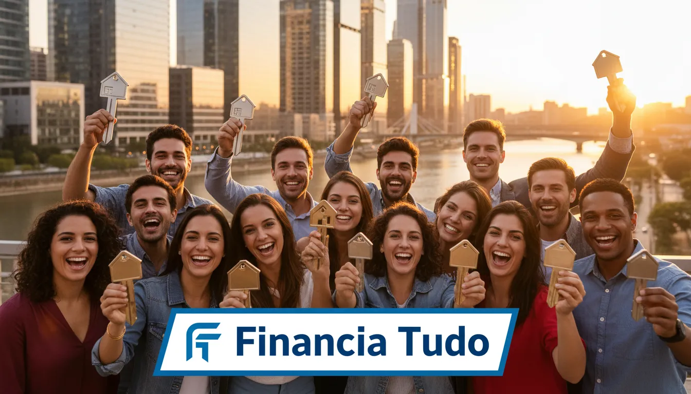 Grupo diverso de pessoas felizes segurando chaves de suas novas casas, simbolizando a realização de sonhos através do crédito com imóvel como garantia pela Financia Tudo.