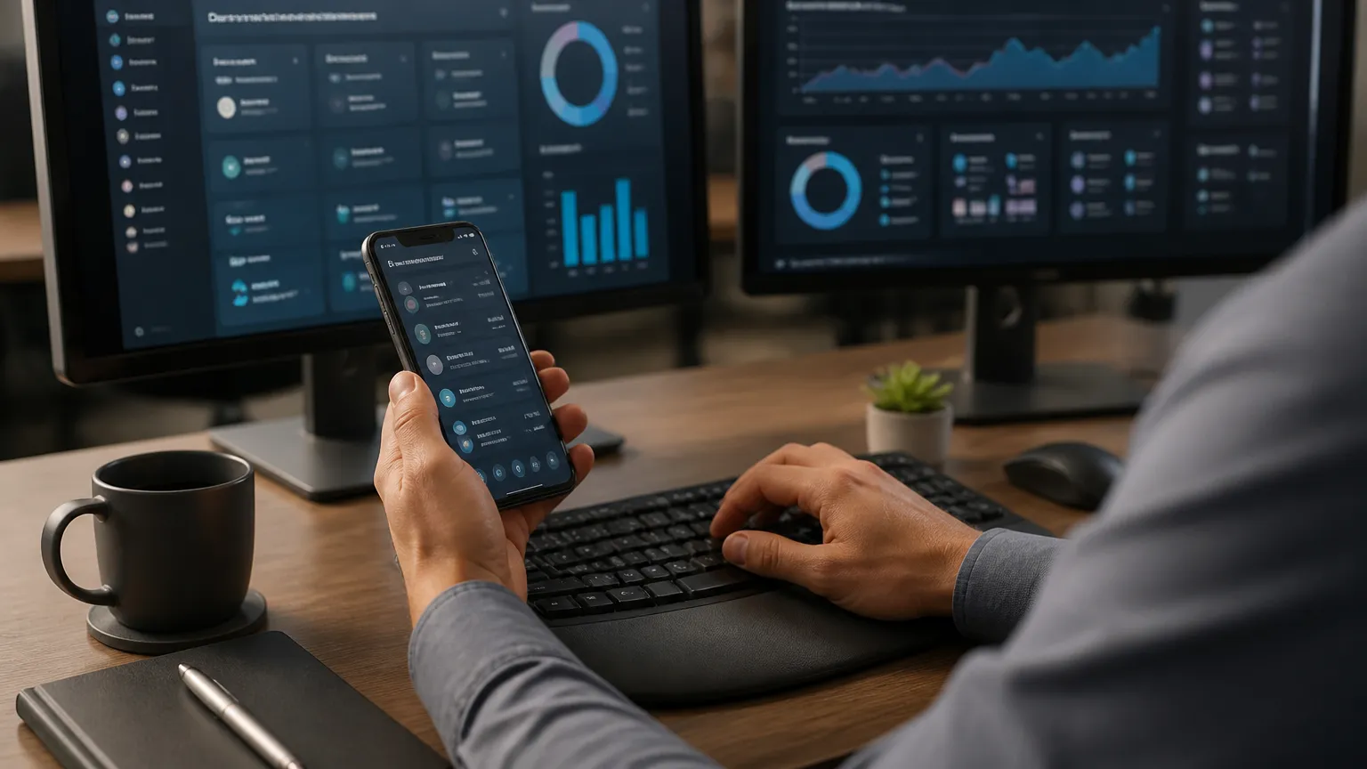 Plataforma digital integrada otimizando atendimento ágil multicanal em escritório empresarial.