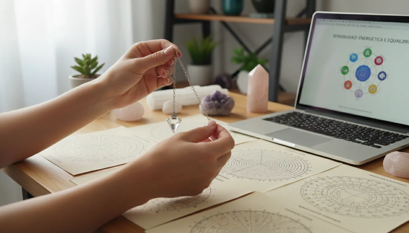 Mãos utilizando pêndulo e gráficos de radiestesia, notebook aberto e ambiente holístico ao fundo