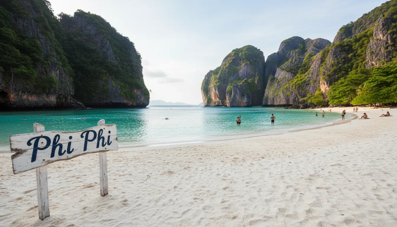 Cena serena de Maya Bay, Phi Phi Leh, com águas cristalinas banhando a praia de areia branca. Um refúgio paradisíaco nas famosas ilhas phi phi.