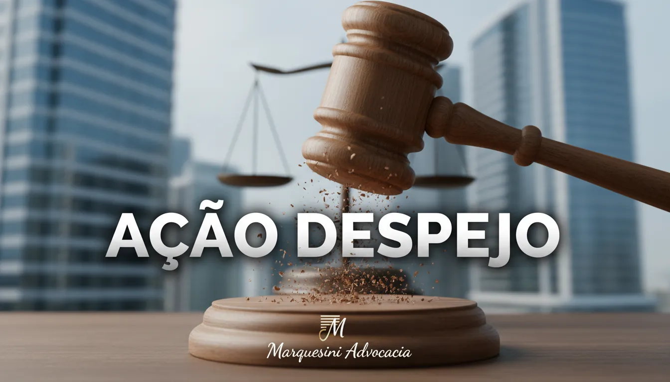 Martelo de juiz batendo, com silhuetas de edifícios ao fundo, representando a ação de despejo e a atuação da Marquesini Advocacia na defesa dos direitos de locadores e locatários.