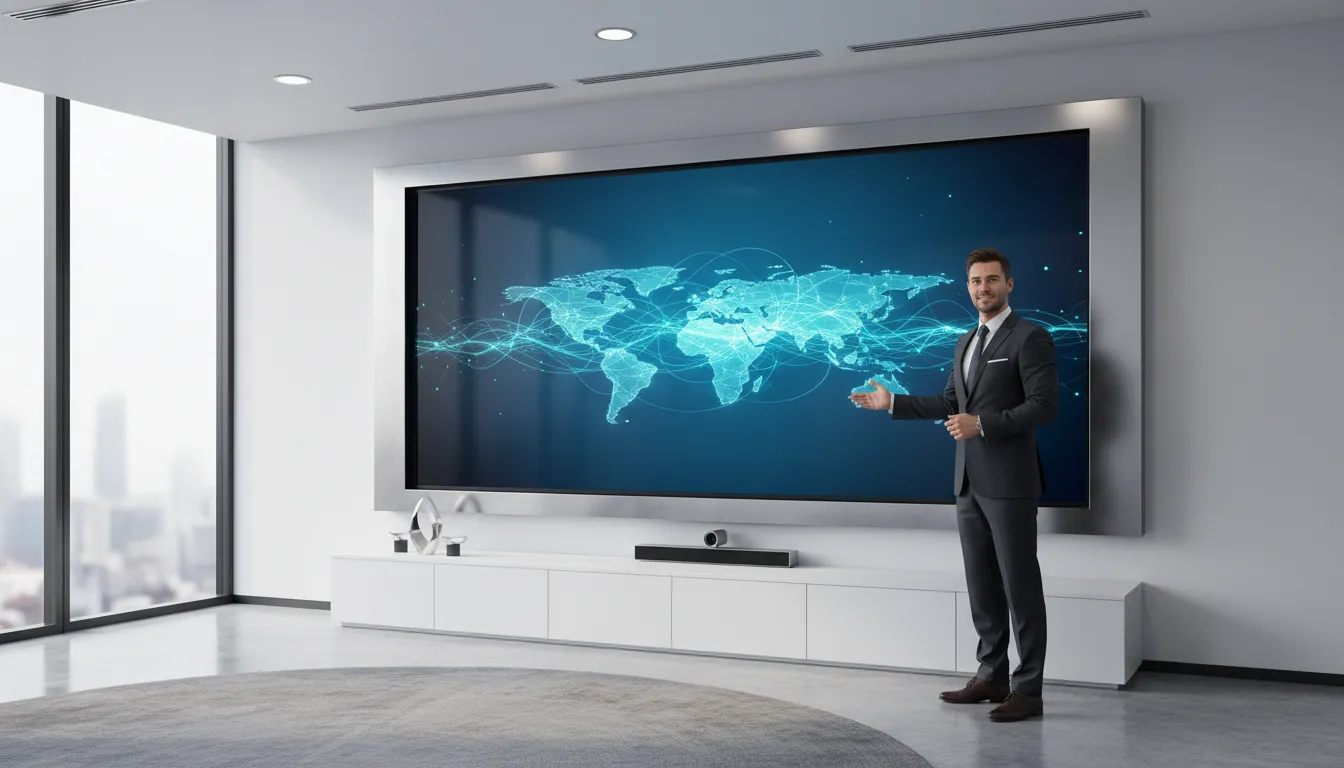 Profissional usando um vídeo institucional para empresas em uma apresentação estratégica, destacando-o como um ativo digital duradouro.