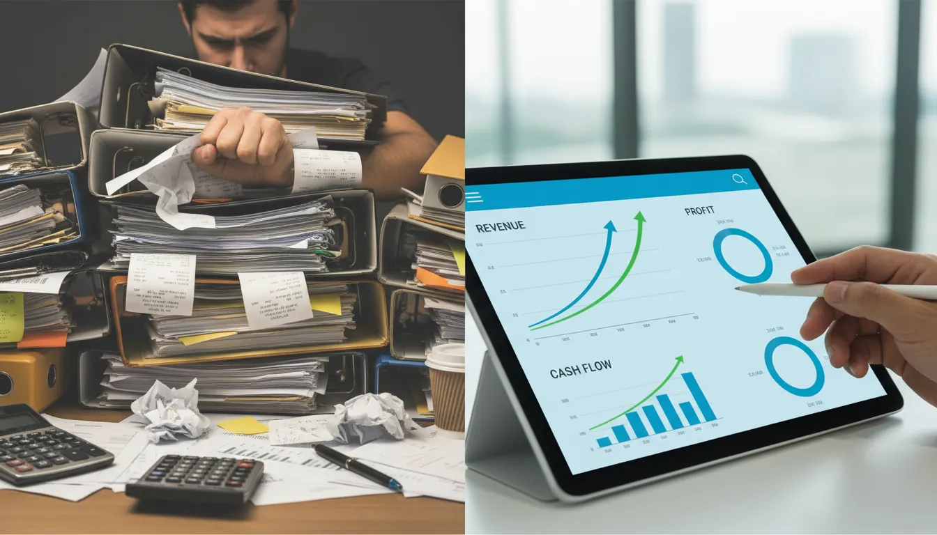 Imagem dividida mostrando a diferença entre a burocracia e um painel digital com dados financeiros claros, ilustrando os benefícios de consultoria para Como Abrir Empresa nos Estados Unidos.