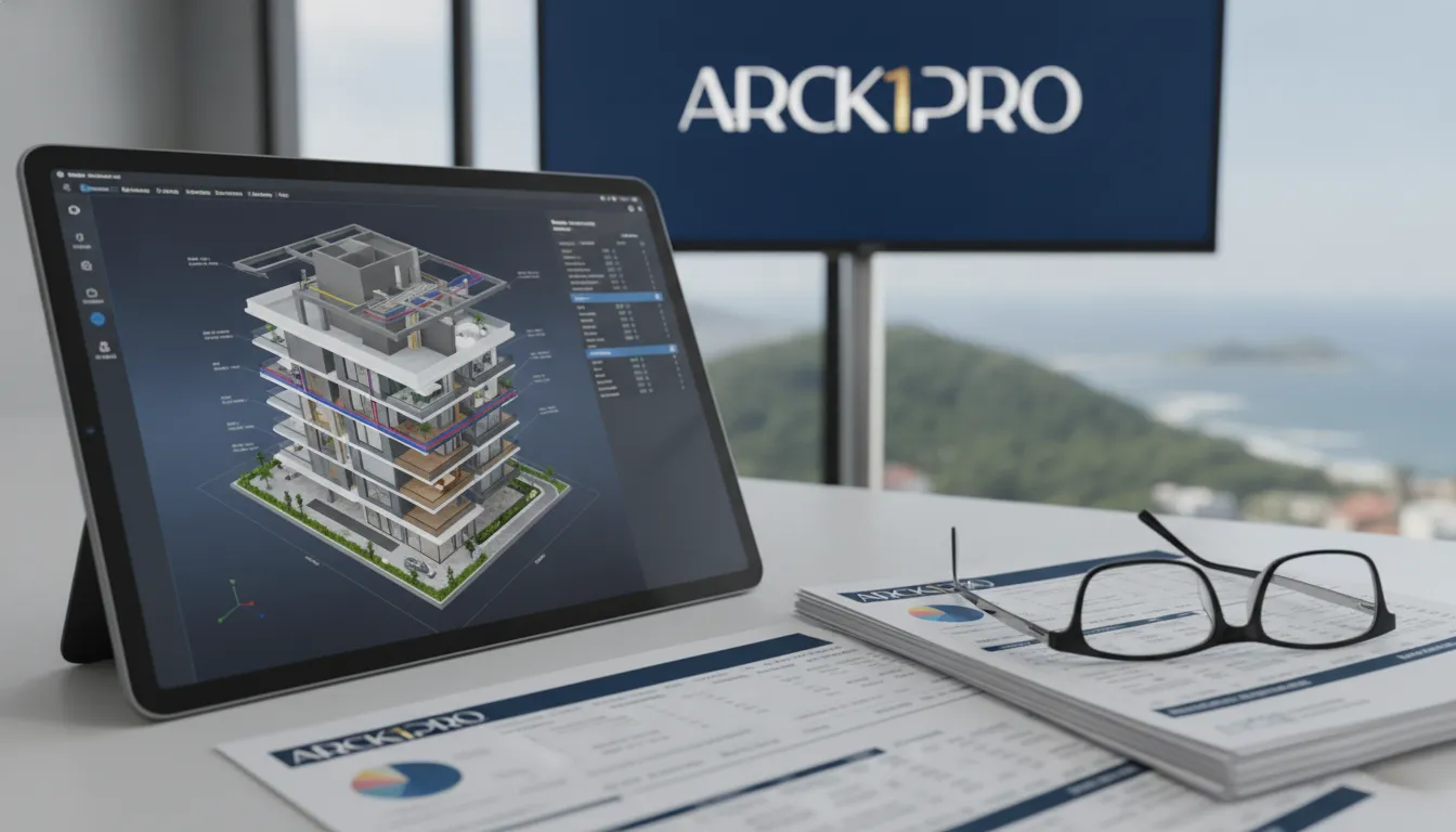 Tela de tablet exibe modelo BIM de luxo, mostrando como e onde investir dinheiro em ativos imobiliários estruturados.