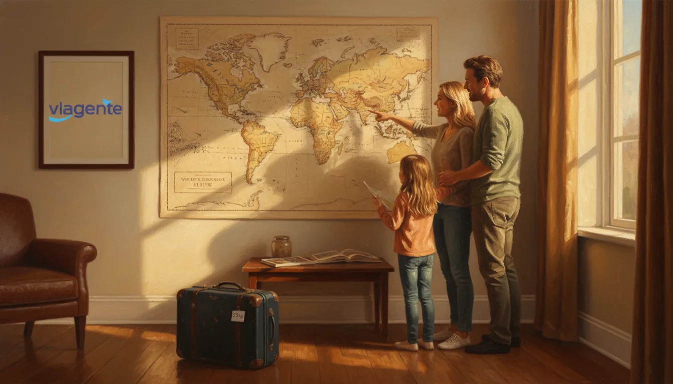 Família planejando viagem em frente ao mapa múndi com mala de viagem 23kg ao lado.