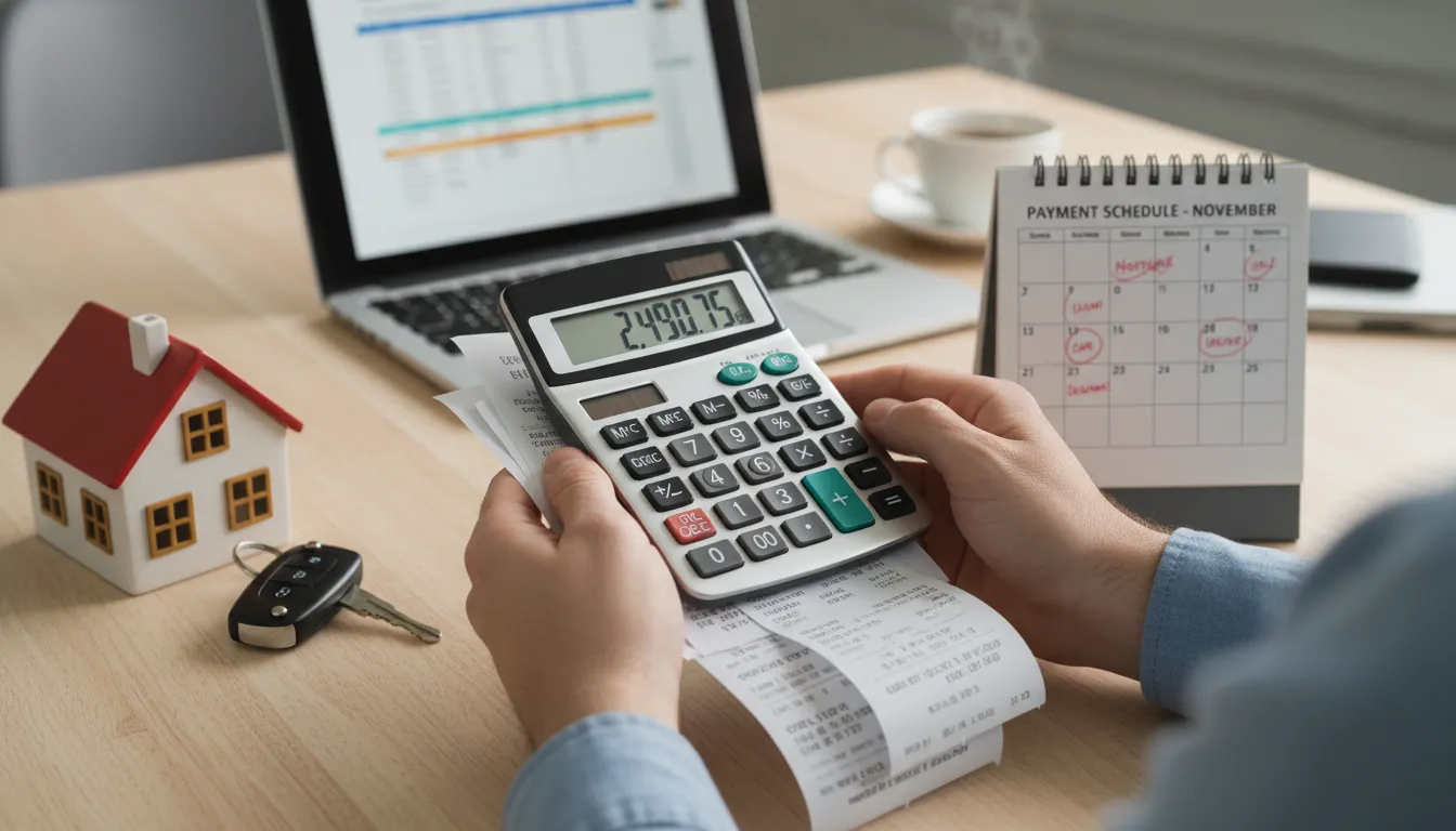 Detalhe de planejamento financeiro com calculadora, recibos, calendário e símbolos de carro e imóvel