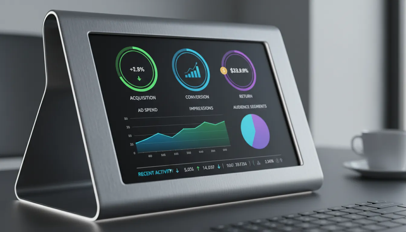 Dashboard detalhado mostrando KPIs de campanhas chatgpt ads para wellness, com foco em CAC, conversão e retorno sobre investimento.