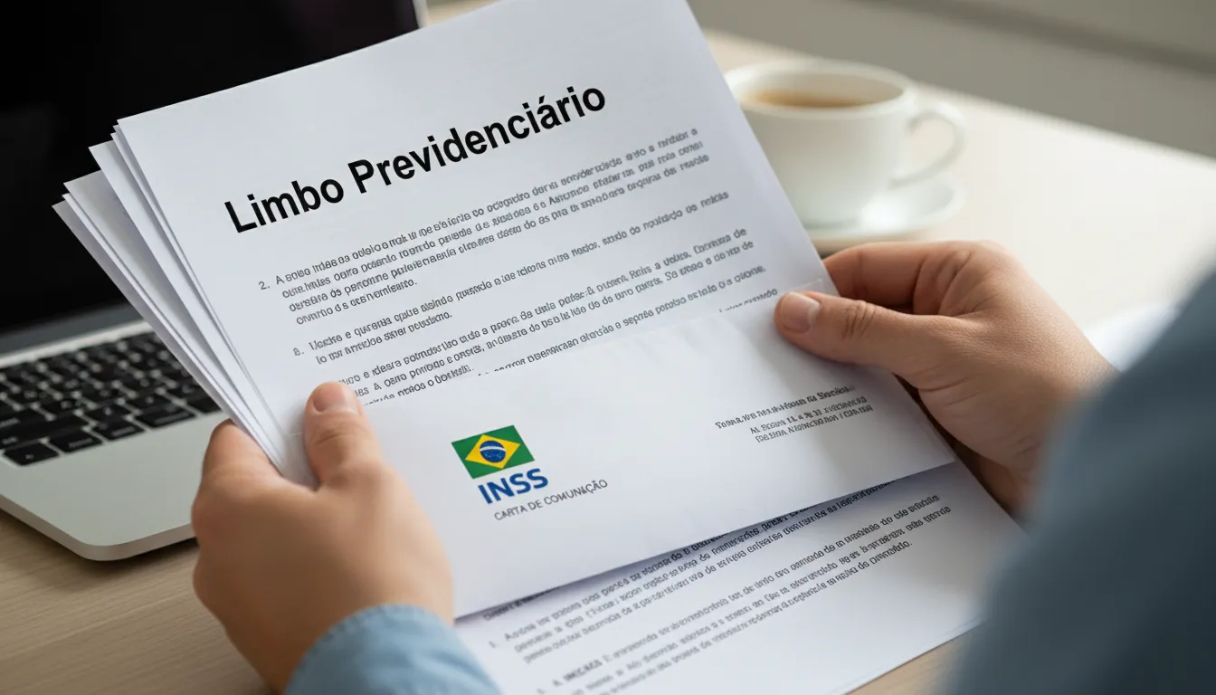 Close-up das mãos de uma pessoa segurando documentos médicos e uma carta do INSS, simbolizando a complexidade do limbo previdenciário.