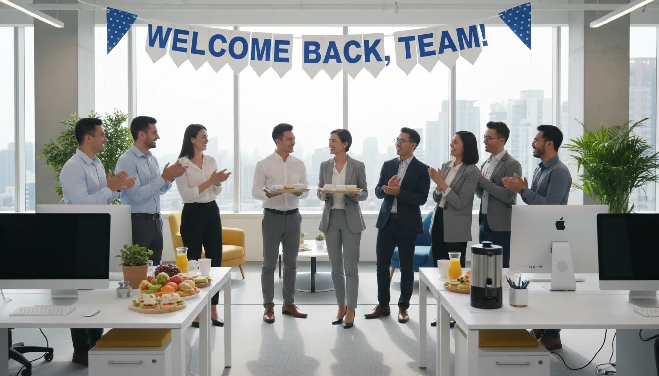 Gestor recebendo colaboradores com boas-vindas no escritório moderno no início do ano.