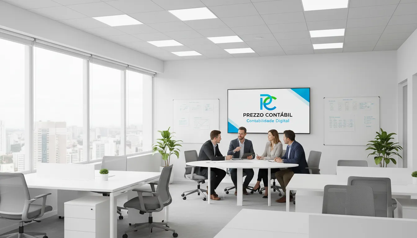 Espaço de escritório moderno com uma equipe de contadores colaborando. Contabilidade para produtores digitais: ambiente profissional e de suporte.