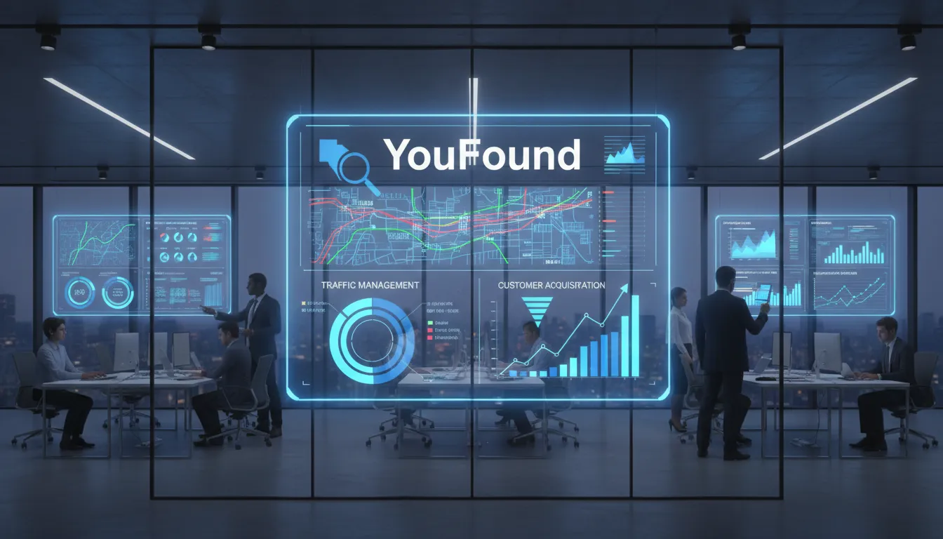 Painéis de controle exibindo dados de gerenciamento de tráfego, ilustrando aquisição de clientes através de estratégias de marketing pessoal YouFound.